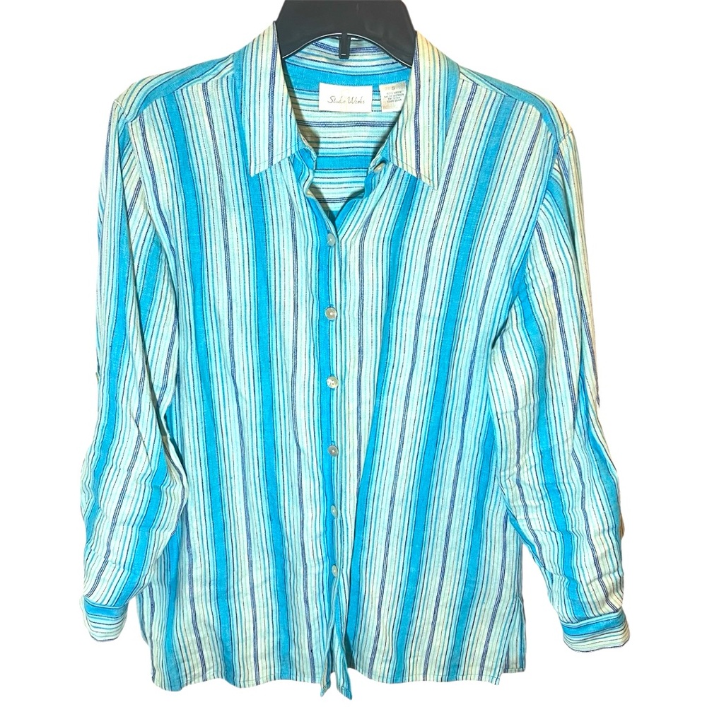 Vintage Turquoise & Cream Striped Linen Button Up Blouse by Studio Works, Small